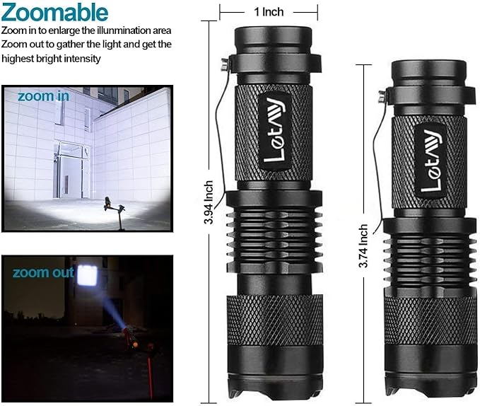LETMY Tactical Flashlight, Super Bright LED Mini Flashlights with Belt Clip, Zoomable, 3 Modes, Waterproof - Best EDC Flashlight for Gift, Hiking, Camping, Hurricane & Power Outage (4 Pack)