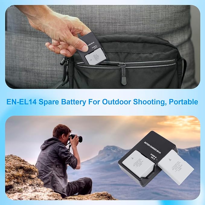 EN-EL14 EN-EL14A Battery 2 Pack 1230mAh with MH 24 Quick Charger for Nikon D3100 D3200 D3300 D3400 D3500 D5100 D5200 D5300 D5500 D5600 P7000 P7100 P7700 P7800 Camera Power Supply Cord