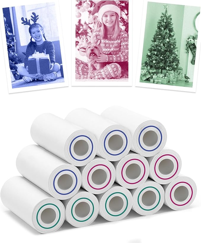 3-Color Kids Camera Paper Roll Refill - Compatible with Most Instant Print Camera, HD Photo Printer Paper for Kids Aged 4 5 6 7 8 9 10 Boys Girls Birthday Gifts (12 Rolls)
