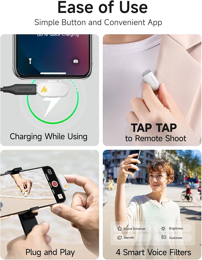MAONO Wave T1 Mini Wireless Lavalier Microphone for iPhone 16 15, Android, Tablet, PC, Clip on Lapel Mic with USB-C Plug, Noise Cancellation, AI Voice Filter for Video Recording Vlog TikTok-White