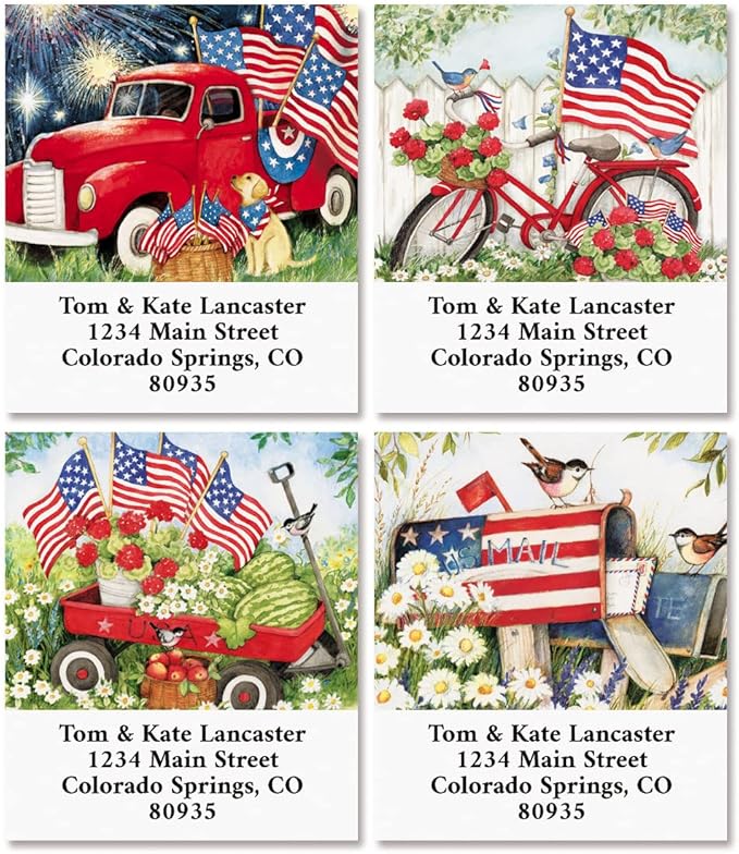 Colorful Images Patriotic Flags Waving Return Address Mailing Labels, Personalized in The USA with Names & Addresses, Set of 144 Self Adhesive, Easy Peel Flat Label Sheets, 1½” x 1¾”, 4 Designs