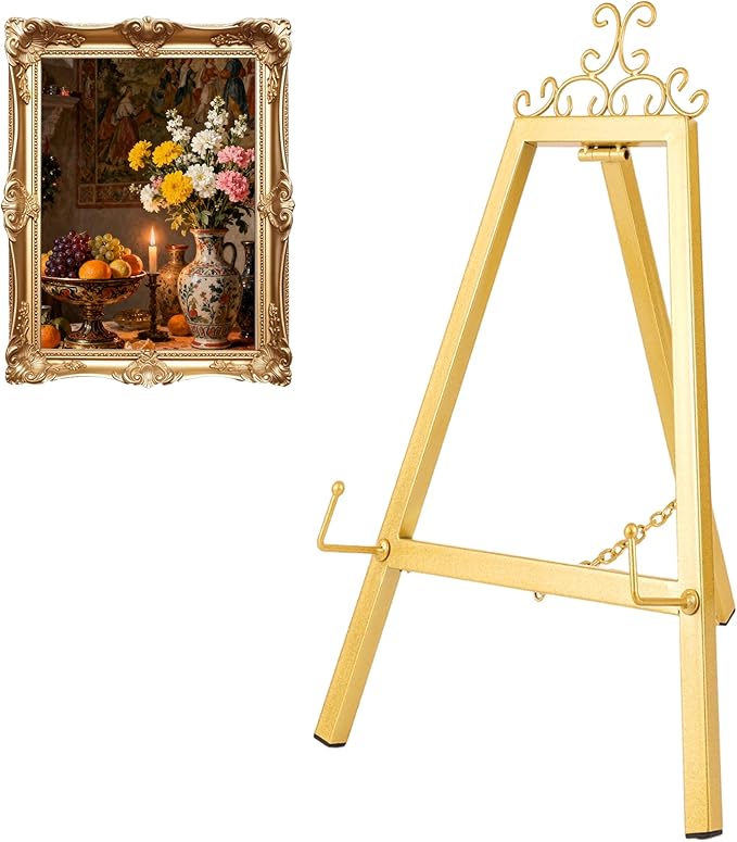 17'' Gold Tabletop Easel Stand for Sign, Metal Display Stand with Chain Support, Vintage Decor Art Easel for Display, Tabletop Picture Frame Stands for Home Wedding Photos Painting Artwork