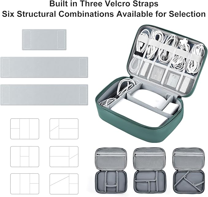 Large Capacity Electronics Accessories Organizer Travel Case with Adjustable Divider Waterproof Leather Cord Shockproof Tech Organizer Bag(Deep Green, Single Layer)