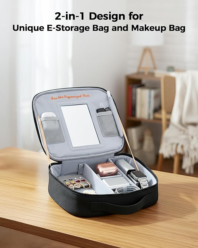 MATEIN Fireproof Travel Electronic Organizer for Women, 2-in-1 Tech Cable Organizer Pouch & Makeup Bag with Mirror, Water Resistant Portable Storage for Cosmetics, Charger, Electronics Accessories