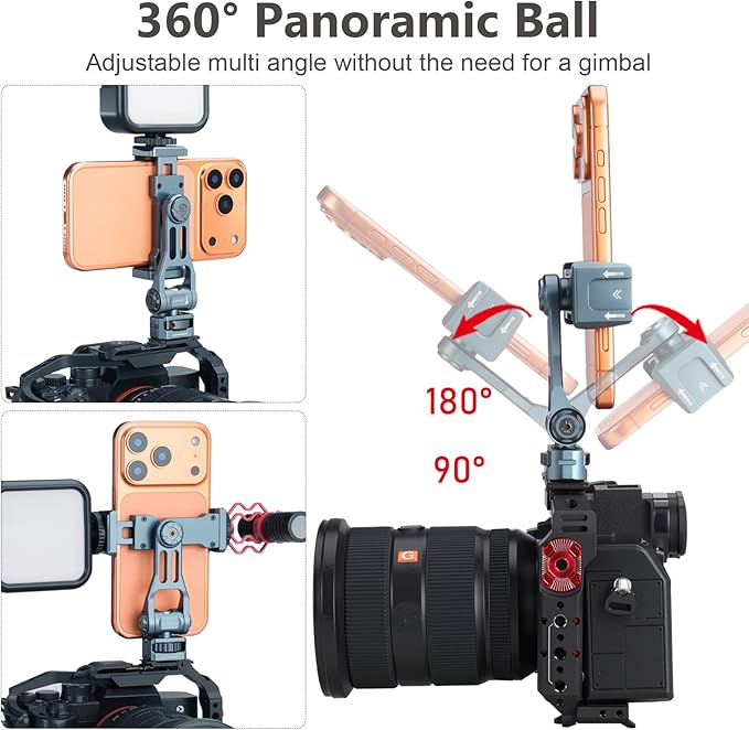 Camera Phone Holder, Metal Material, Horizontal and Vertical Rotation, Parallel 360 °, with Cold Shoe Interface Bottom 1/4 Screw, Suitable for Rabbit Cages, Handheld Selfie Videos
