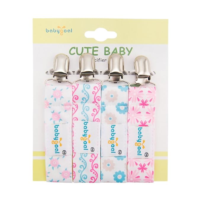 babygoal Baby Girl Pacifier Clips with Pacifier Case, 4 Pack Metal Clips for Boys and Girls Fits Most Pacifiers and Binkies 4MP04-HZ