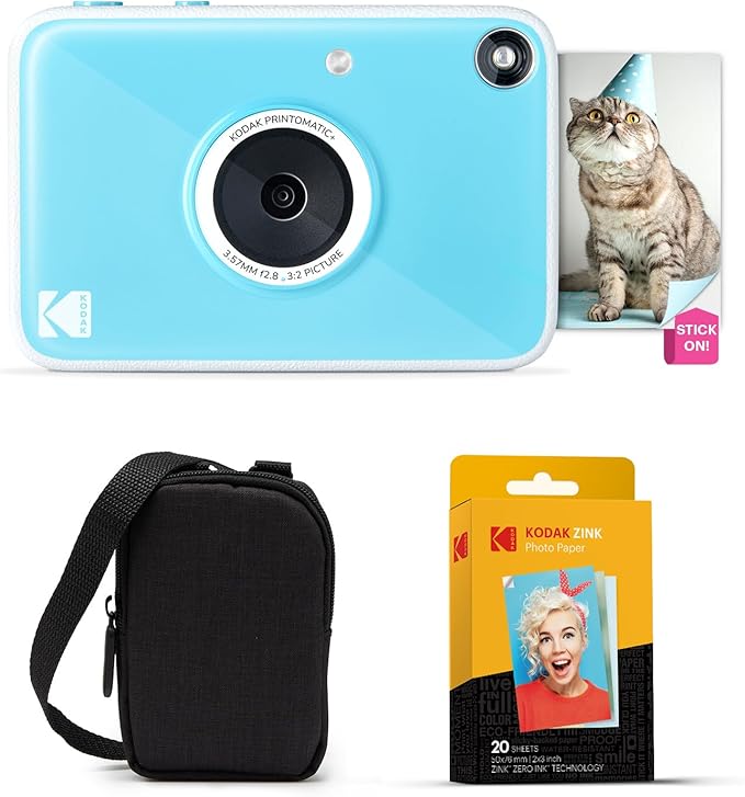 Kodak Printomatic+ Instant Print Digital Camera Starter Bundle + Carrying Case + Zink 20pk Sticky-Back Photo Paper - 10MP, Full-Color Photos, GB LED Status Indicator - Blue