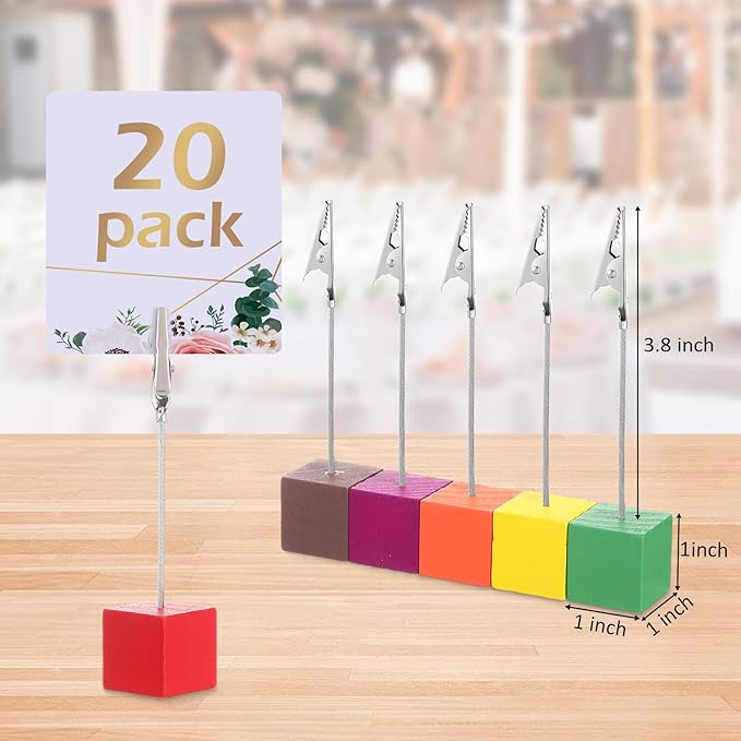 Gersoniel 20 Pcs Cube Base Memo Clip Holder with Alligator Clip Wood Table Number Holder Cube Base Place Card Stand Mini Photo Menu Stand for Displaying Number Card (Multi Color)