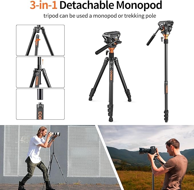 COMAN 73" Camera Tripod with Fluid Head, Lightweight Portable Tripod for Camera with Detachable Monopod Aluminium Alloy and QR Plate for DJI Canon Nikon Sony DSLR Camera Black Max Load 22.04lb(FF06S)