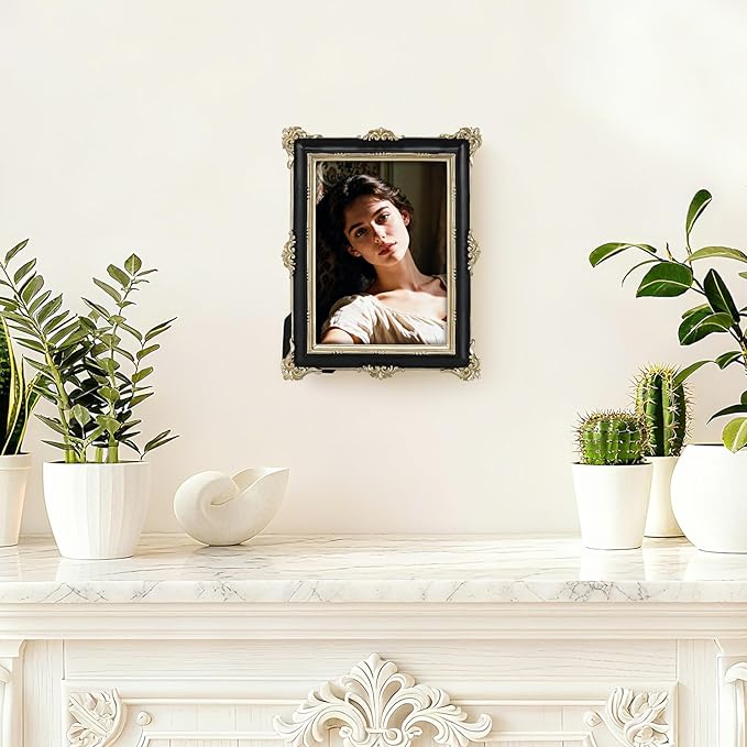 PHAREGE 5x7 Black Picture Frame with Gold Trim, Vintage Decorative Display Photo Frame 5 by 7, Ornate Antique Frame for Tabletop or Wall