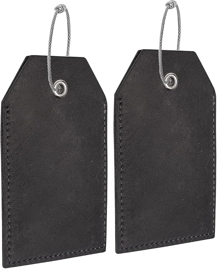 Genuine Leather Set of 2 Luggage Tag with Full Back Privacy Name ID Card Stainless Steel Loop Suitcase Labels Identifiers Baggage Tags Luggage for Women Men Travel (Black)