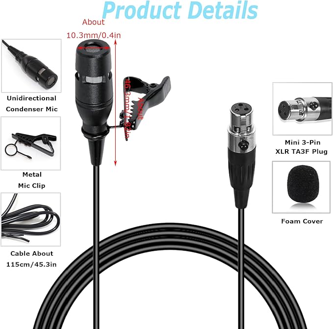 Black Lapel Lavalier Microphone Unidirectional Condenser Super Cardioid Mic Compatible with AKG Wireless Bodypack Transmitter System with Mini XLR 3 Pin TA3F Plug