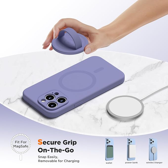 Upgraded Magnetic Phone Grip, Liquid Silicone Soft and Portable, Removable Finger Loop Ring Grip Holder for iPhone, Strong Magnetic Attraction, Compatible with MagSafe Phone Case, Lavender Gray