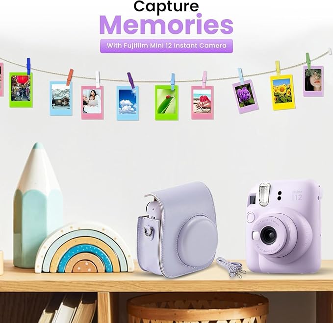 Fujifilm Instant Mini Camera + Accessory Bundle & Compatible Custom Case + Fuji Instant (20 Shots) Designer Mini Photo Album (60 Pockets) (Lilac Purple)