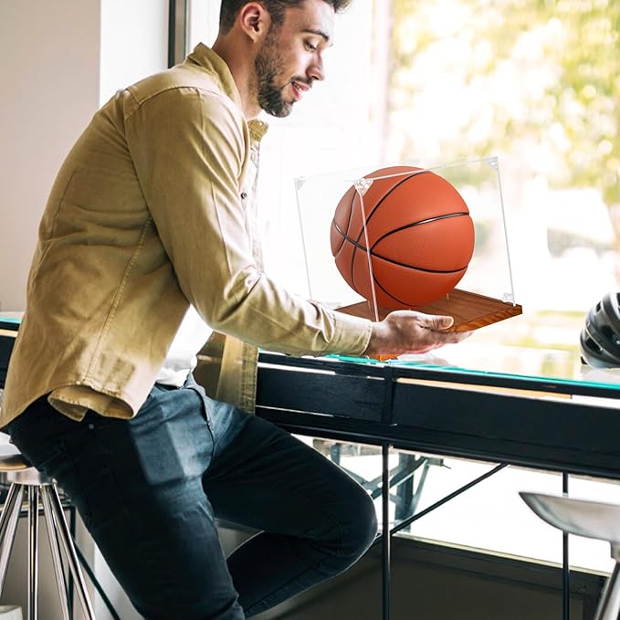 Clear Acrylic Basketball Display Case with Wood Base & Tee, Memorabilia Stand Cube Holder, Dust Protection Transparent Storage Box for Single Ball Souvenir Basketball Collections