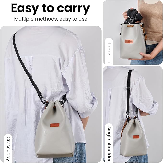 Professional Camera Storage Bag, Light Gray, pu, Drawstring Closure, Shoulder Strap, Padded Interior with Divider, Suitable for cameras of multiple brands