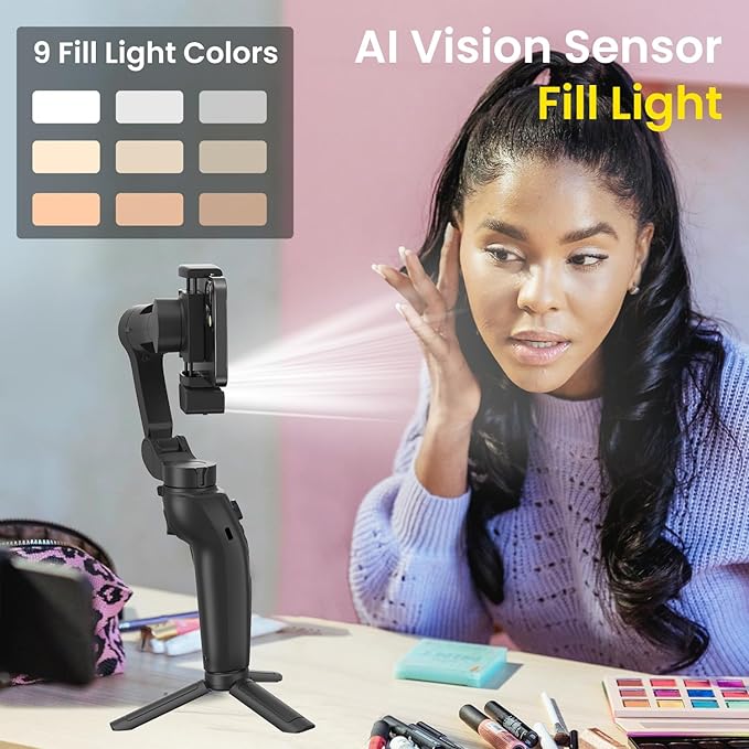 Gimbal Stabilizer for Smartphone, 3-Axis Phone Gimbal Portable and Foldable with AI Tracking Sensor Magnetic Fill Light, Gimbal Stabilizer for iPhone & Android, Phone stabilizer for Video Recording