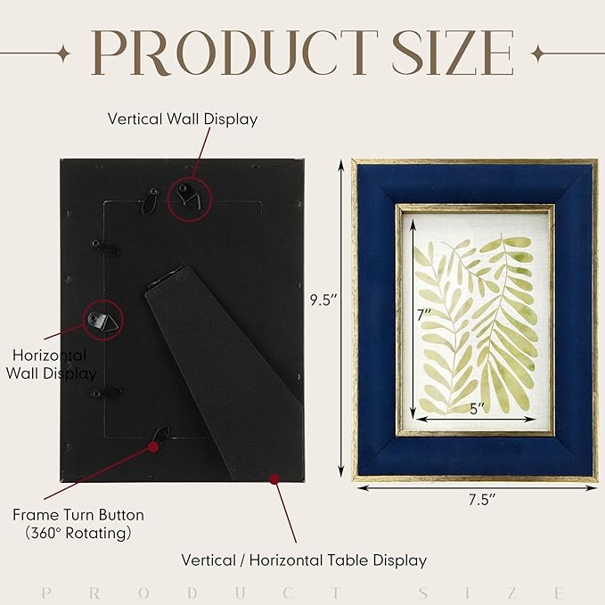 Kathfly 1 Pcs Navy Blue Velvet Picture Frame 5 x 7 Inch Vintage Photo Frame with Gold Metal Edge Horizontal & Vertical Mount for Poster Artwork Puzzle Tabletop Wall Display Christmas Home Office Decor
