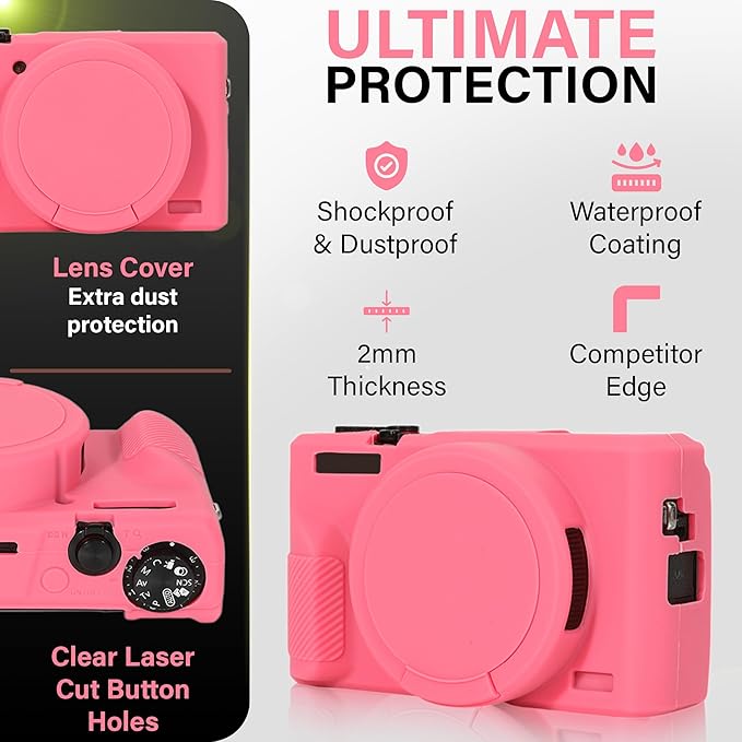 STSEETOP Camera Case for Canon PowerShot G7X Mark III - Protective Silicone DSLR Skin with Lens Cover, Detachable Cage, Shockproof, Dustproof (Azalea Red)