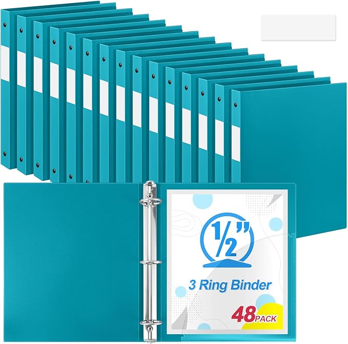Henoyso 48 Pcs 3 Ring Binder 1/2'' Round Fits Letter Size 8.5'' x 11'' Paper Plastic Flexible Binder Holds 140 Sheets with 1 Pockets Versatile Organizer for Home Office School (Turquoise)