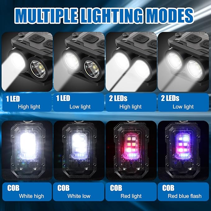2 Pcs Mini EDC Flashlight Rechargeable Small Keychain Flashlight with White Red Blue Light, 800 High Lumens Pocket USB C LED Cob Portable Flash Lights with Clip and Magnet, 8 Modes