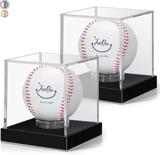 JupDec Baseball Display Case for Single Autograph Ball, Clear Acrylic Cube Baseball Holder with Velvet Interior, UV Protected Stand Box with Durable Base, Ideal Gift for Sports Fans, Silvery, 2 Pack