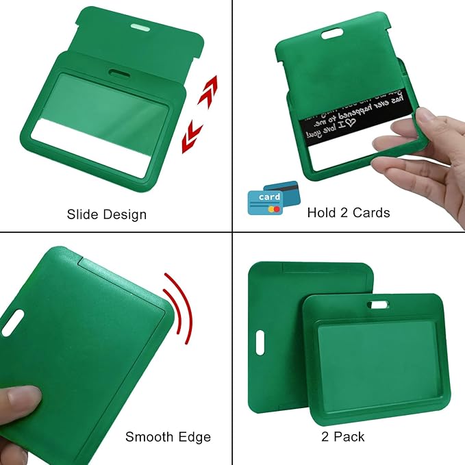 Larpur Sliding Badge Holders Horizontal Card Cases, Pack of 2 Green Work ID Badge Case Protectors for School, Office