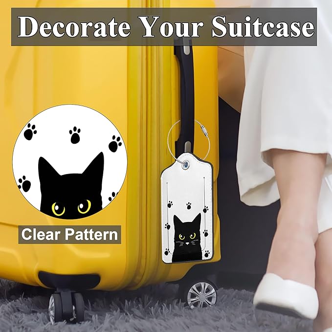 Set of 2 Luggage Tags for Suitcases, Leather Cute Black Cat Baggage Tags with Stainless Steel Loop, Privacy Name ID Card Cover Kawaii Travel Labels for Women Men Kids Girls