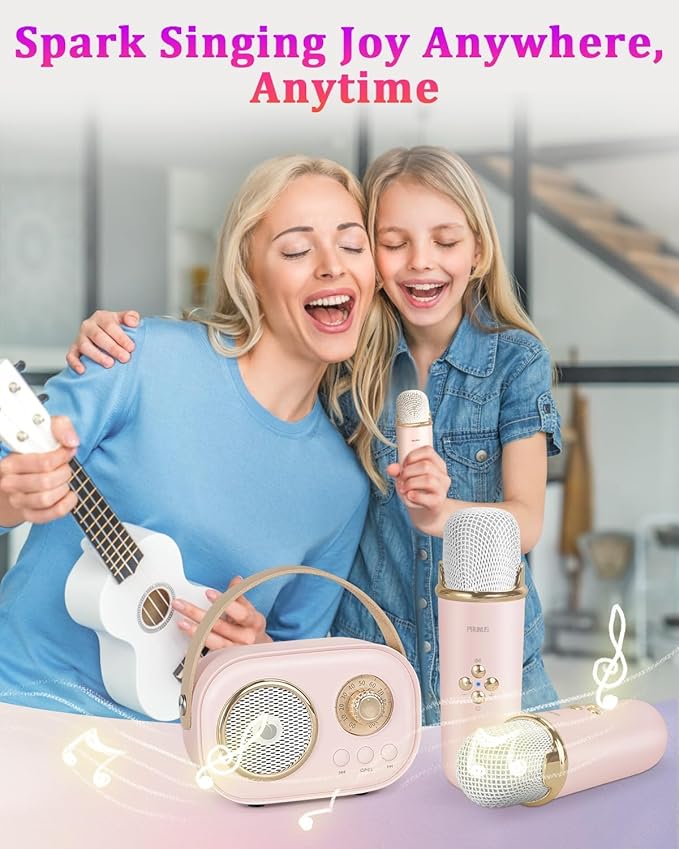 PRUNUS C20 Mini Karaoke Machine,Valentines Day Gifts for Her Him Kids Mens,Portable Bluetooth Speaker with 2 Wireless Microphone for Boys Girls 3-12+ Years Old Birthday Party Pink