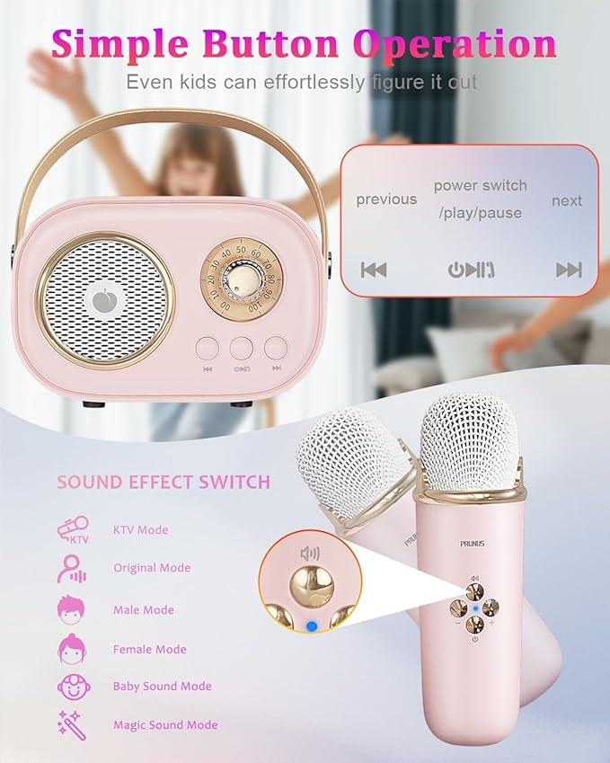 PRUNUS C20 Mini Karaoke Machine,Valentines Day Gifts for Her Him Kids Mens,Portable Bluetooth Speaker with 2 Wireless Microphone for Boys Girls 3-12+ Years Old Birthday Party Pink