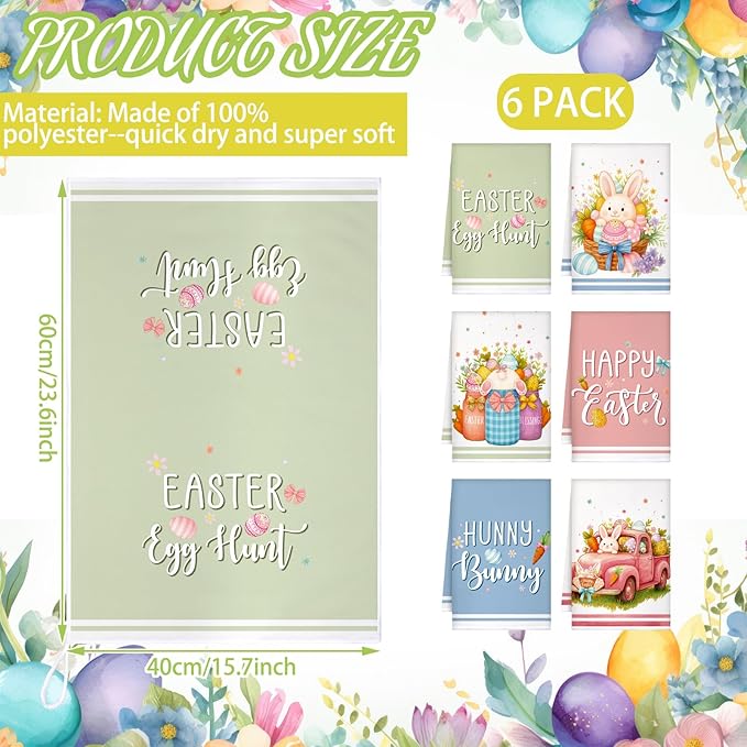 Preboun 6 Pcs Easter Kitchen Towels Cute Bunny Eggs Dish Hand Towels Macaron Happy Easter Themed Dish Cloth House Decorative Farmhouse Tea Cloth Absorbent for Home Kitchen Bathroom Decor