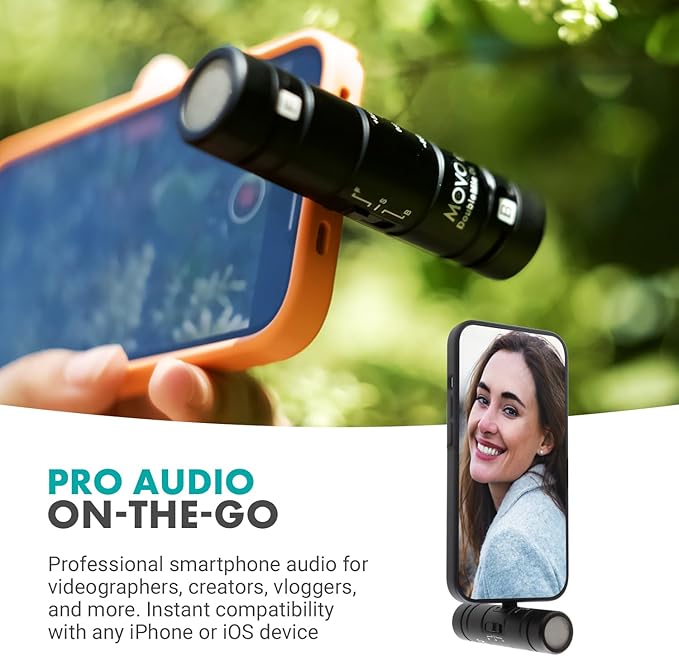 Movo DoubleMic-DI Dual Capsule Microphone for iPhone- Two-Sided Cardioid Condenser Mic for Video Recording- Professional Microphone for iPhone, iPad, iOS- Apple Lightning MFi Certified