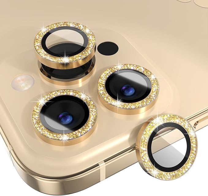 Choiche Compatible for iPhone 14 Pro/iPhone 14 Pro Max Camera Lens Protector Bling, 9H Tempered Glass Camera Cover Screen Protector Metal Ring Decoration Accessories (Glitter-Gold)