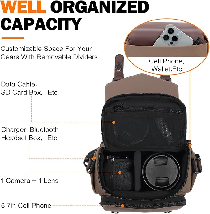 Cwatcun Camera Messenger Bag, Waterproof Flap Camera Crossbody Shoulder Case with Tripod Holder, Travel Photography Bag for Canon, Nikon, Sony, Fuji DSLR/SLR/Mirrorless Camera, Lens (Brown), S