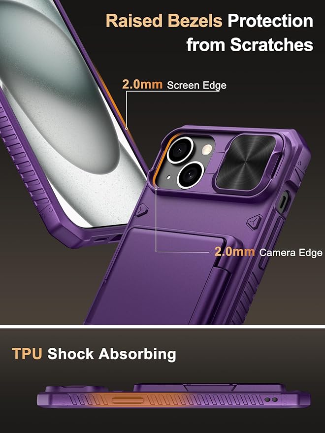 Vihibii for iPhone 15 Plus/iPhone 14 Plus Wallet Case, Built-in Card Holder (4 Cards), [RFID Blocking] & Slide Camera Cover, Military Grade Drop Protection, Rugged Hard Wallet Phone Case, Dark Purple