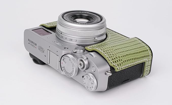 Handmade Genuine Leather Camera Half Case for Fujifilm X100VI - Top Layer Cowhide Body + Metal Base Plate - Hand Shank Free Design (Green 1)