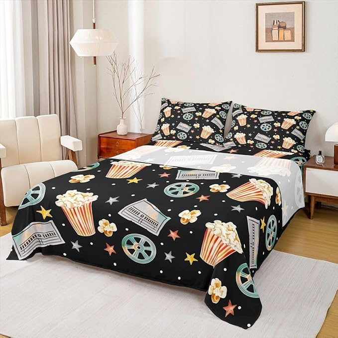 Erosebridal Vintage Cinema Theme Bed Sheets Set Full Size for Kids Boys Girls,Movie Ticket Popcorn Sheet Set,Film Reel Sheets,Grey Yellow Stars Top Sheet with 2 Pillowcases Deep Pockets
