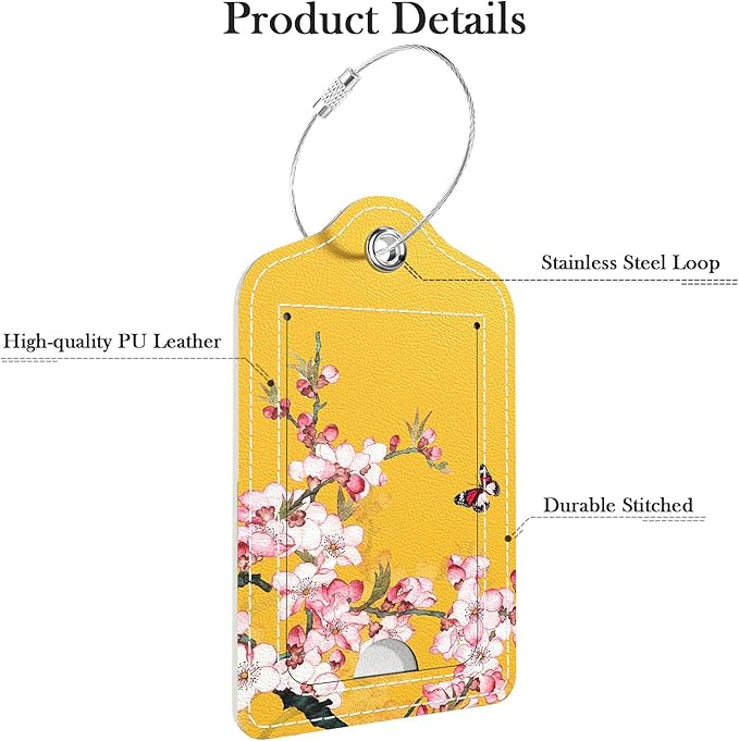 Luggage Tags for Suitcase, 2 Pack PU Leather Travel Cruise Luggage Tag with Privacy Flap, Name ID Label and Metal Loop for Women Men Girls Suitcase Baggage Bag Backpack, Peach Blossom
