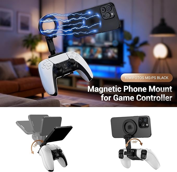 KIWIFOTOS Magnetic Phone Mount for PS5 Gaming Controller PlayStation Dualsense Wireless Controller Phone Stand Holder for iPhone 17 16 Samsung Pixel Smartphone