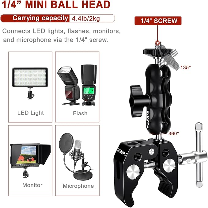 Mic Mount Microphone Clamp with Ball Head Magic Arm - Compatible with Microphones - Max Load 4.4lb/2kg - 1/4" and 3/8" Thread Holes