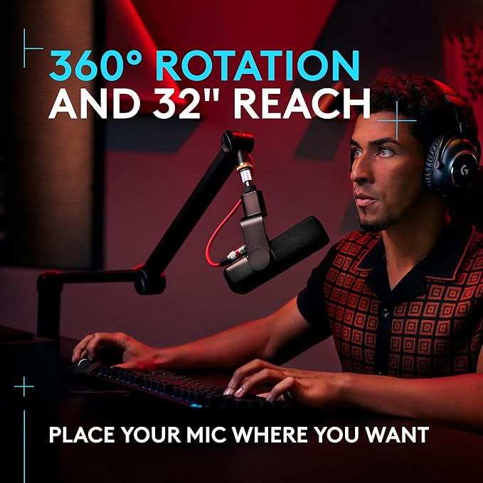 Logitech G Compass Premium Broadcast Boom Arm for Microphone, Internal Springs, Desktop Clamp and Built-in Cable Management, For Recording, Gaming, Streaming - Black