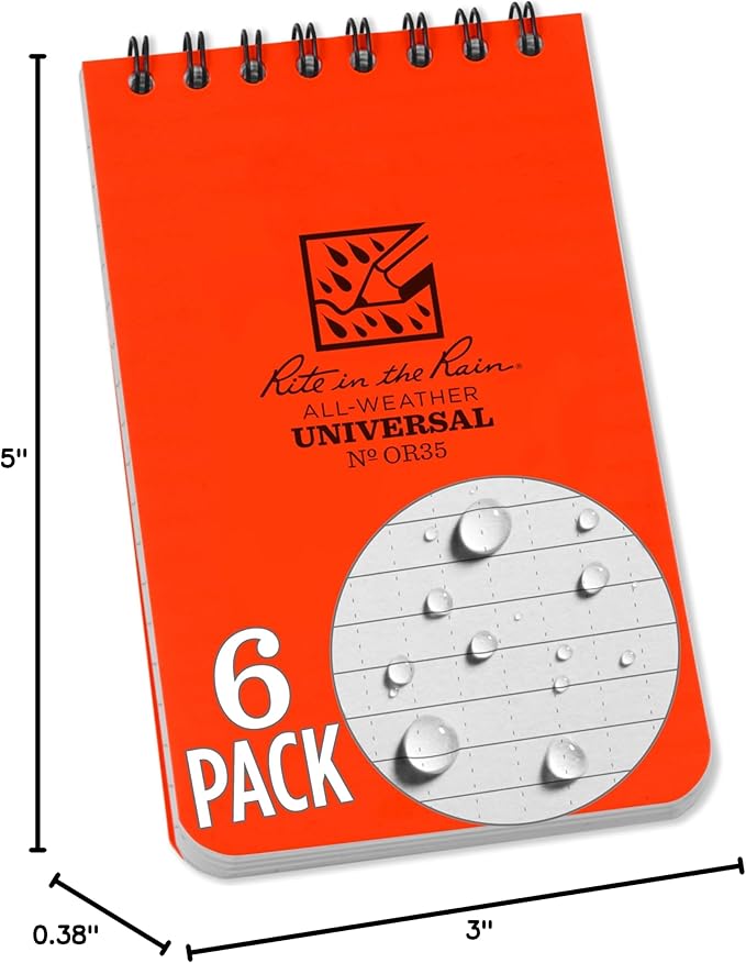 Rite in the Rain Weatherproof Top Spiral Notebook, 3" x 5", Orange Cover, Universal Pattern, 6 Pack (No. OR35L6)