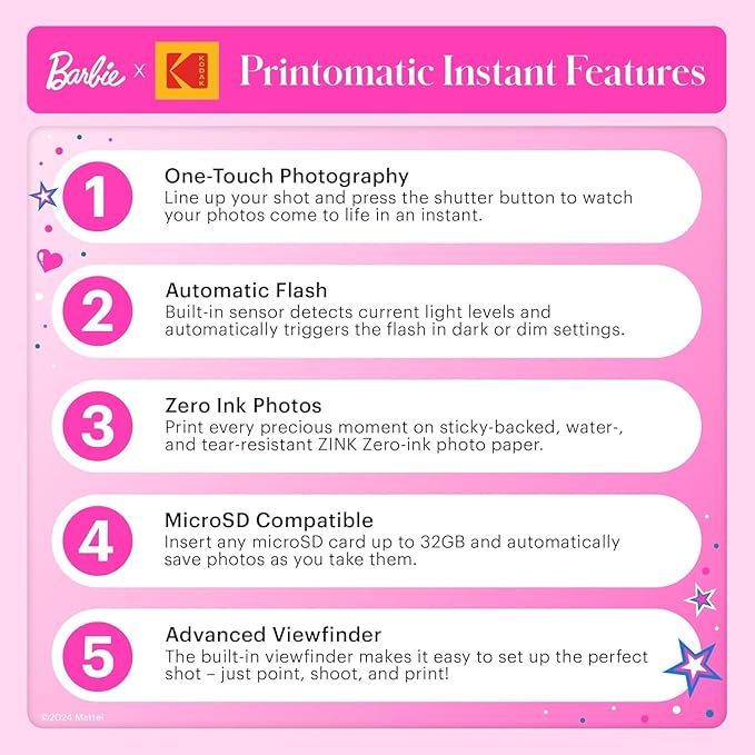 Kodak x Barbie Printomatic Full-Color Instant Print Digital Camera, 5MP Portable Barbie Camera, Zink 2x3 (5.1x7.5 cm) Sticky-Back Photo Paper, Gift for Christmas, Holiday, Birthday, Iconic Style