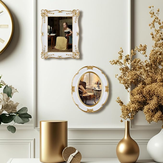 3 Pcs White Vintage Picture Frame Set Antique Oval Picture Frames 4x6, 5x7 Inch Baroque Photo Ornate Frames with Glass Gift for Tabletop Hanging Wall Art Wedding Home(French Style)