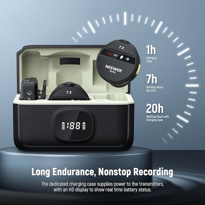 NEEWER KM18 Wireless Microphone with USB C Charging Case OTG 48KHz 24Bit 20H Battery 3.5mm TRS 150m Range Noise Cancelling Mini Lapel Lavalier Mic Compatible with Camera iPhone Android Phone Laptop PC