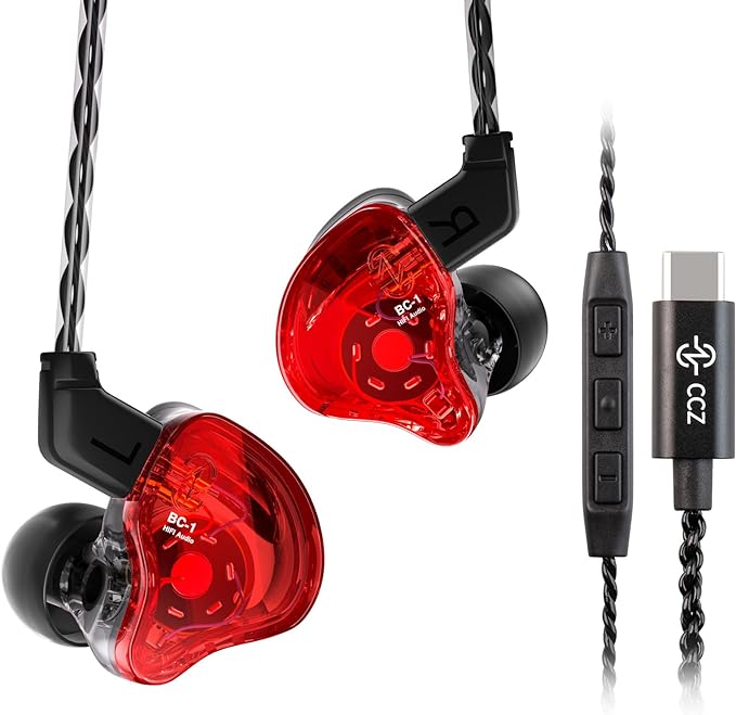 CCZ Melody USB C Headphones Wired Type-C in Ear Monitor, Professional USB C Wired Earbuds Gaming Earphones with 1BA 1DD Patent Ear fins Ear tips for Singers Musician Stage (Clear Red, USBC-With Mic)