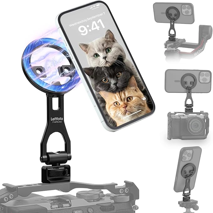 Leftfoto Metal Strong Magnetic Phone Stand with 1/4"-20 ARRI Locating Screw -Adjustable Foldable Holder for iPhone 17 16 15 14 13 12 Pro Max Mini & Magsafe Case,for Vlogging/Video Shooting