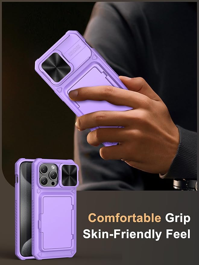 Vihibii for iPhone 15 Pro Max Wallet Case with Card Holder (4 Cards) & Slide Lens Cover & Stand, Shockproof Rugged Hard Back & Raised Edges Protection Case for iPhone 15 Pro Max, 5G 6.7", Light Purple