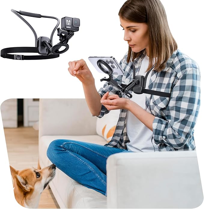 Magnetic Phone Holder Neck Mount: Hands Free Chest Stand with Fixed Strap for GoPro Camera | POV Selfie Filming & Video Recording for iPhone 17 16 15 14 13 12 Series & Android Smartphone（Black）