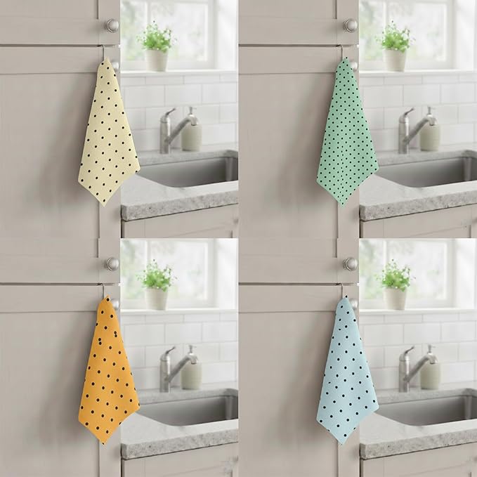 8-Pack Ultra-Fine Microfiber Kitchen Towels, 7-Inch Square with 8 Clips & Multiple Patterns – Soft, Absorbent, Reusable Cleaning Cloths (Polka dots)